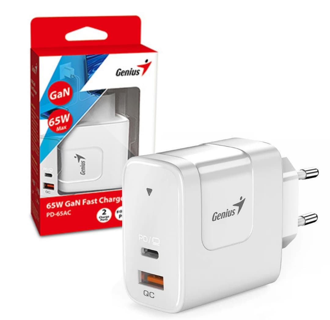 Cargador Genius PD-65AC 65W USB-C y USB-A Blanco
