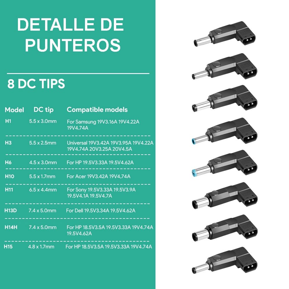 Cargador Universal para Laptop 90W con 8 Punteros Intercambiables