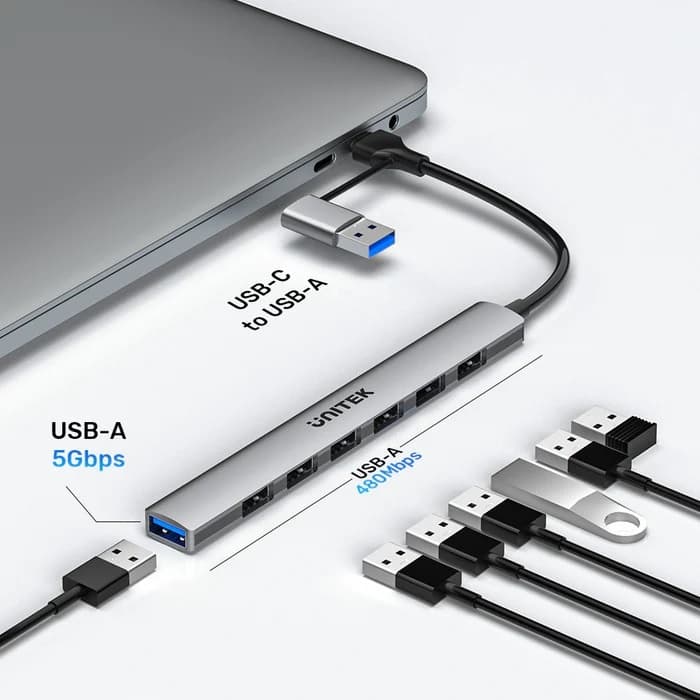 HUB USB-C Unitek 7 en 1 con 5Gbps y 7 Puertos USB-A