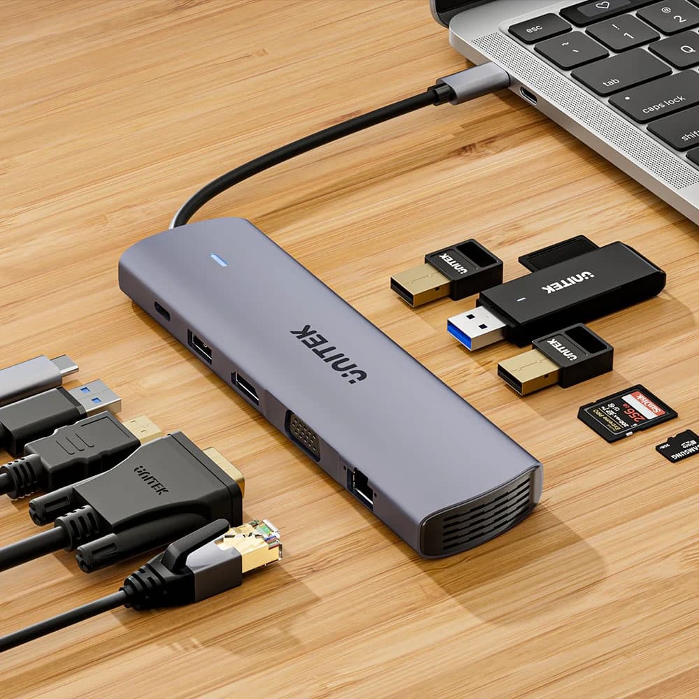 HUB USB-C Unitek 11 en 1 Dual Display 100W PD 4K