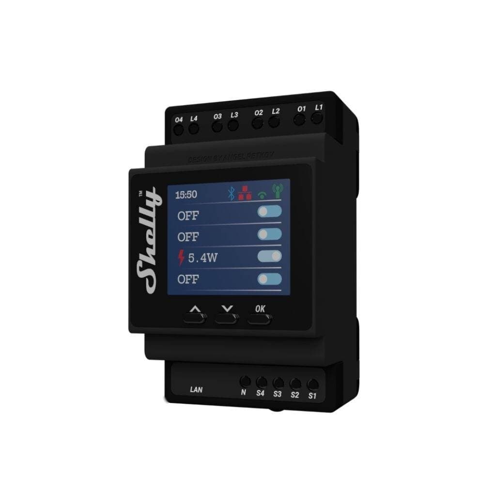 Relé Shelly Pro 4PM Cuádruple Wi-Fi DIN Medición de Potencia