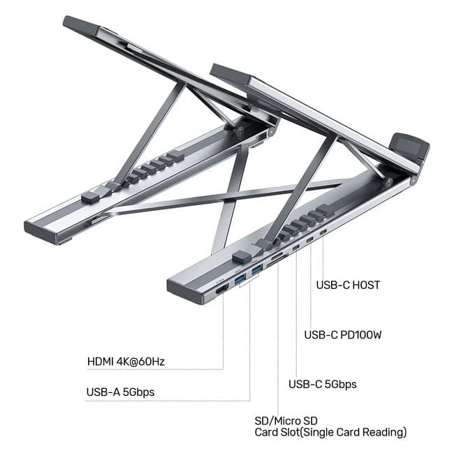 Soporte y HUB Unitek D1137AGY USB-C 4K 100W Plegable Aluminio