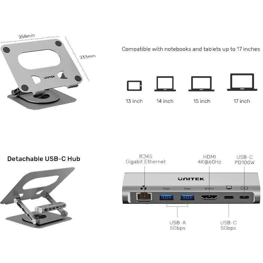 Soporte Notebook Unitek D1109C HUB USB-C Desmontable 360°