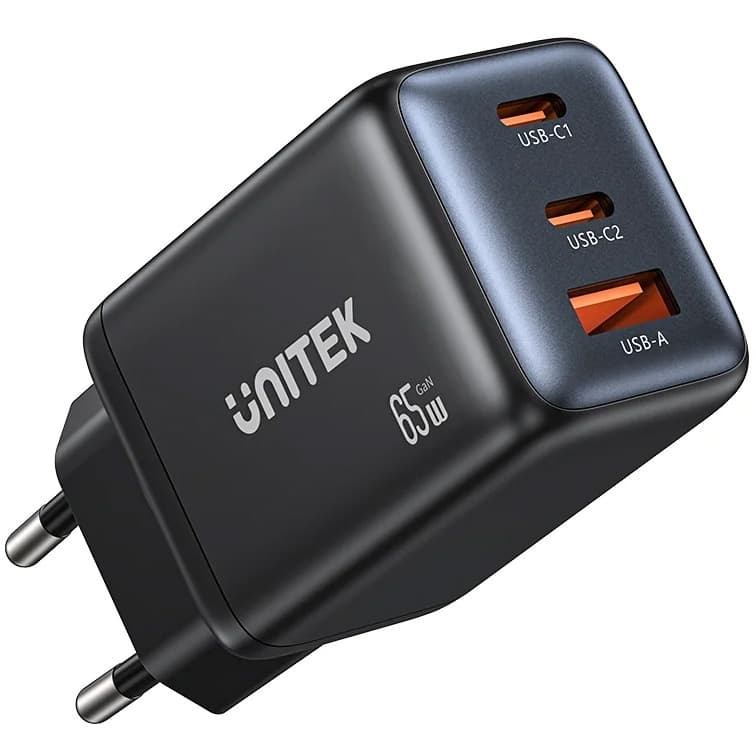 Cargador Unitek Zeno 65W 3 Puertos GaN USB-C y USB-A